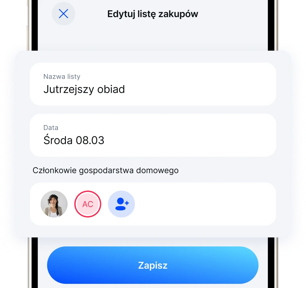 Ekran edycji listy zakupów w aplikacji Mistrz Kupowania z sekcją członków gospodarstwa domowego i przyciskiem zaproszenia kolejnej osoby