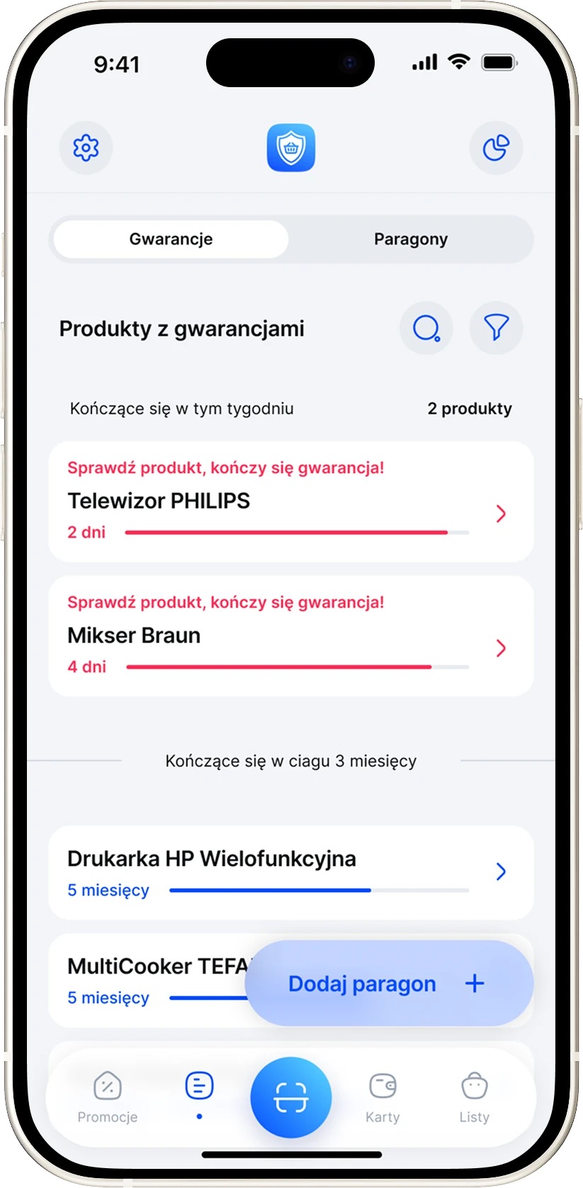 Lista produktów na gwarancji w aplikacji Mistrz Kupowania, z czasem pozostałym do końca ochrony