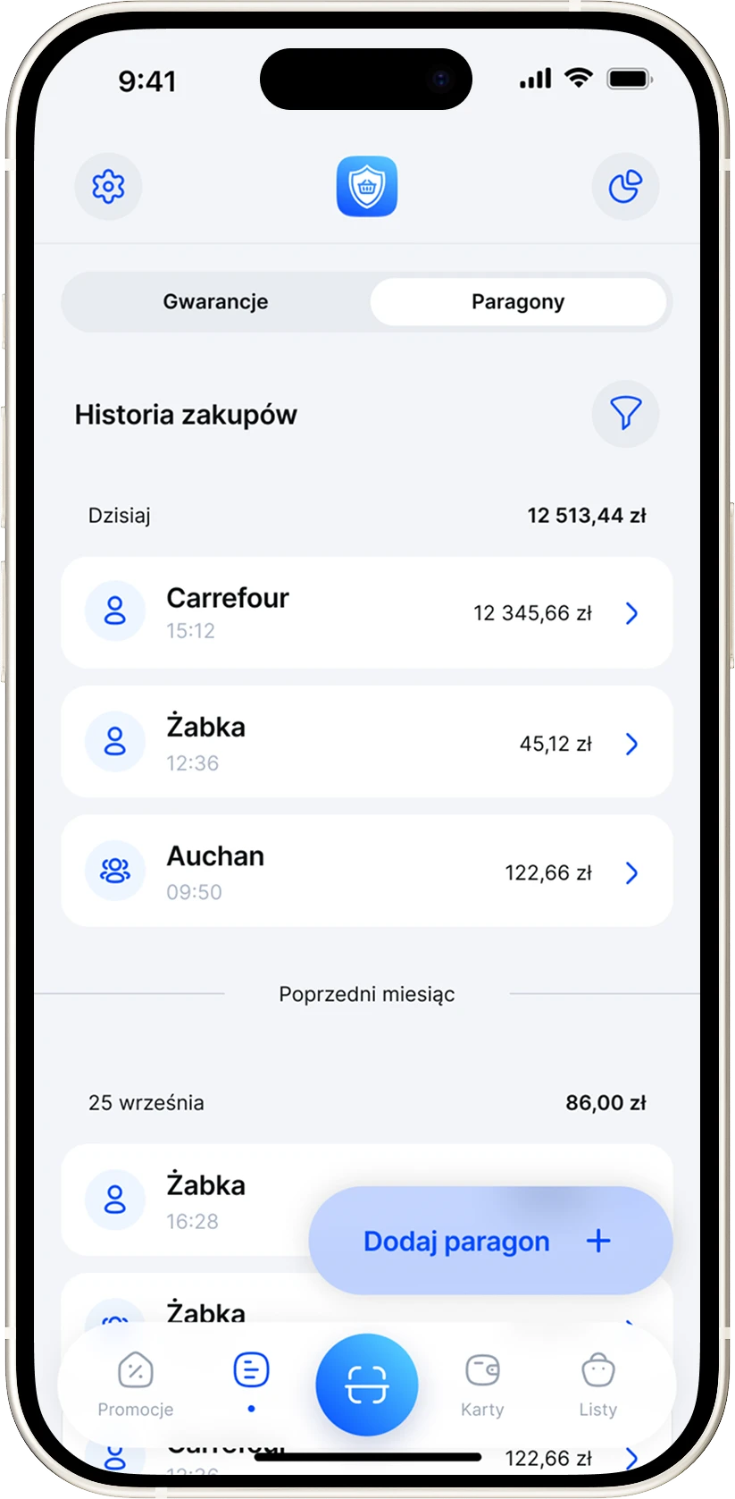 Ekran historii zakupów w aplikacji Mistrz Kupowania z paragonami z Carrefoura i Żabki