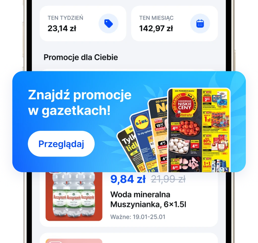 Ekran aplikacji z promocjami z gazetek i podsumowaniem wydatków tygodnia