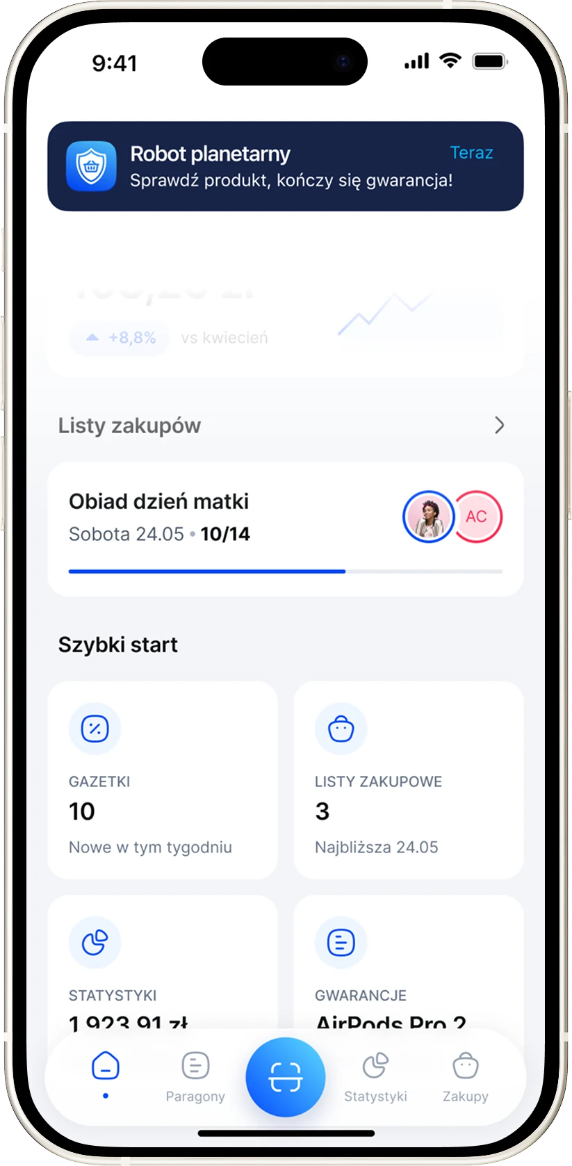 Powiadomienie w aplikacji Mistrz Kupowania o produkcie, któremu kończy się gwarancja