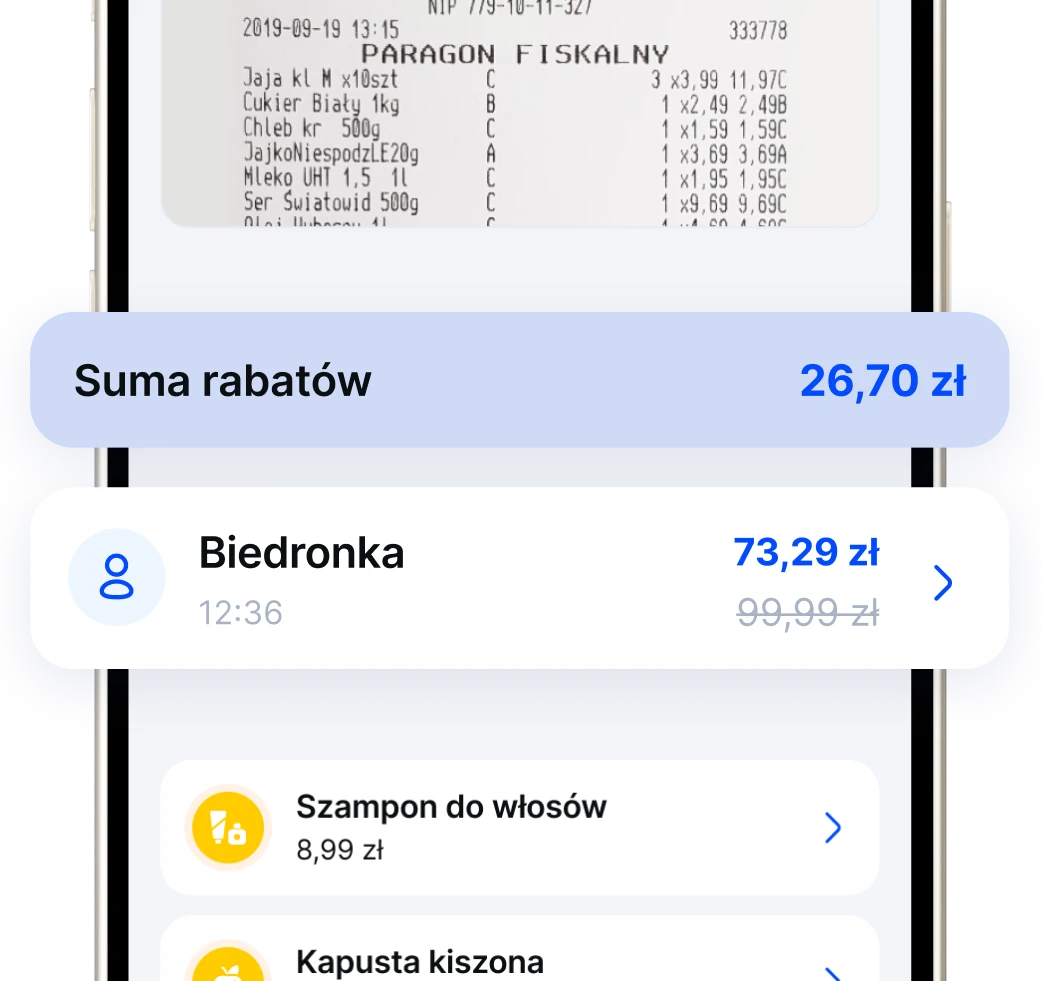 Zeskanowany paragon w aplikacji Mistrz Kupowania z sumą rabatów 26,70 zł i kwotą 73,29 zł zamiast 99,99 zł